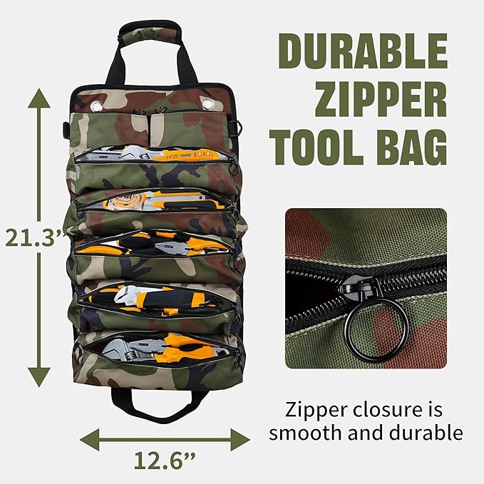 Portable Foldable Roll-Up Waterproof Tool Bag Organizer with 5 Compartments & 2 Detachable Pouches, Heavy-Duty Tool Pouch Bag, Dad Men Electrician Mechanic Gifts (Camouflage)