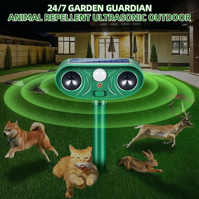 2026 Solar Animal Repellent Outdoor&Cat Repellent Outdoor with Motion Deer Repellent Devices Ultrasonic Cat Deterrent Fox Raccoon Squirrel Rabbit Coyote Deterrent for Farm Orchard Garden 2 Pack