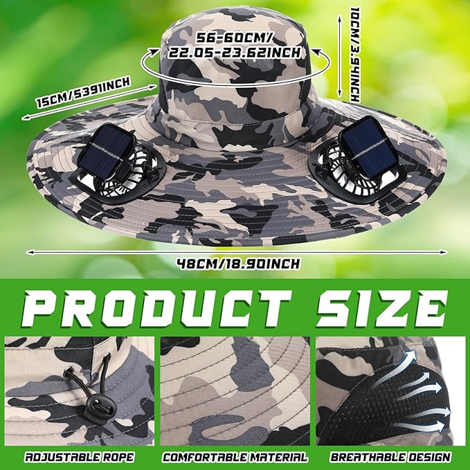 Berlune Men Sun Hat with 2 Solar Fans Wide Brim Outdoor Fishing Hat USB & Solar Powered for Sun Protection Camping Hiking