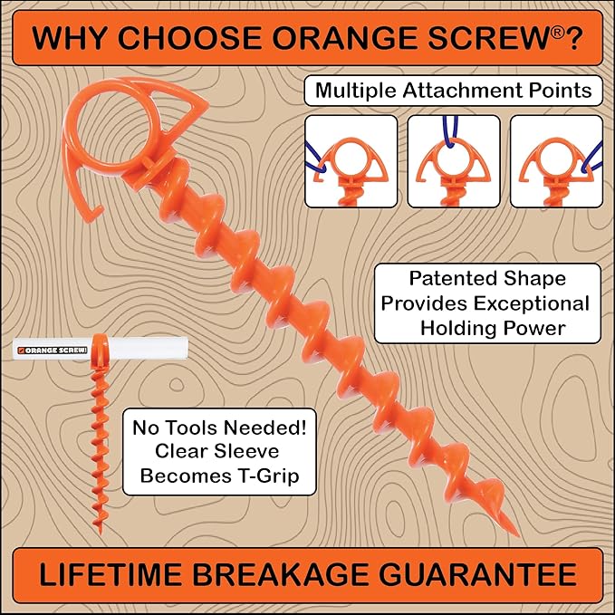 Orange Screw Ultimate Ground Anchors: Heavy Duty Screw-in Tent Stakes for High Wind, Sand, Canopies, and Camping - Made in USA, 100% Recycled, Included T-Grip Tool - (Small, 4 Pack)