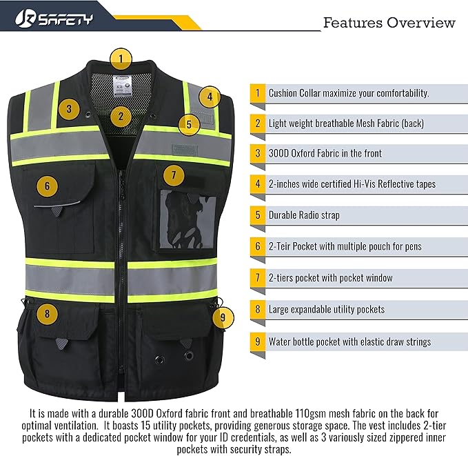 JKSafety Hi-Vis Unisex Surveyor Safety Vest Heavy Duty PPE Inner Pockets ANSI/ISEA Compliant