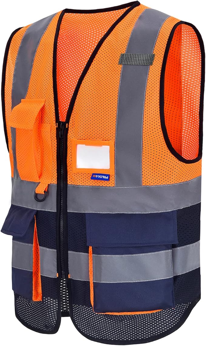 A-SAFETY High Visibility Mesh Safety Reflective Vest with Pockets and Zipper,Hi Vis Viz Reflective Safety Vest(Orange&Navy Mesh 3XL)