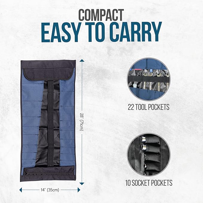 32 Pocket Tool Roll Organizer - Wrench Organizer & Tool Pouch - Wrench Roll Includes Pouches for 10 Sockets - Roll Up Tool Bag for Electrician, HVAC, Plumber, Carpenter or Mechanic - From Rugged Tool