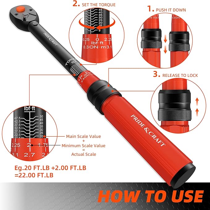 PRIDE&CRAFT 3/8 Inch Drive Click Torque Wrench, 3% High Precision Adjustable Dual Direction, 72-Tooth, 5-50 lbf.ft/6.8-68 Nm Torque Wrench for Bike, Motorcycle and Car Repair, Orange Black
