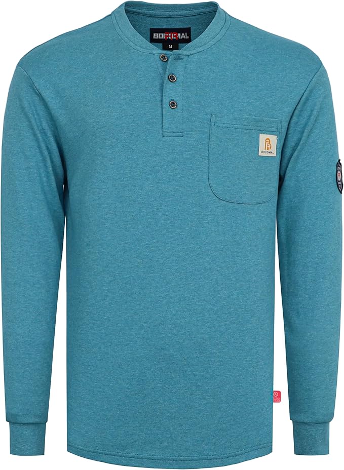 BOCOMAL FR Shirts Henley 7oz Midweight Fire Resistant Clothing NFPA2112 CAT2 Men's Flame Retardant Work Shirt