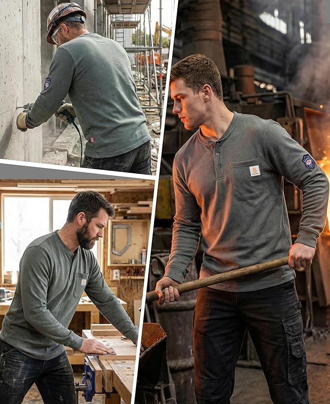 BOCOMAL FR Shirts Henley 7oz Midweight Fire Resistant Clothing NFPA2112 CAT2 Men's Flame Retardant Work Shirt
