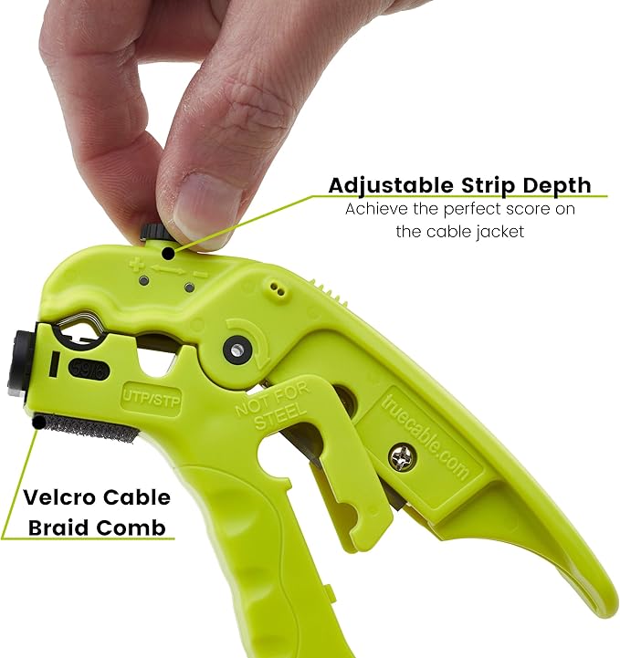 trueCABLE Wire Stripping and Cutting Tool for UTP, FTP, STP, Cat5e, Cat6, Cat6A Ethernet, RG59, RG6, RG7, RG11 Coax Cable, Adjustable Blade Depth