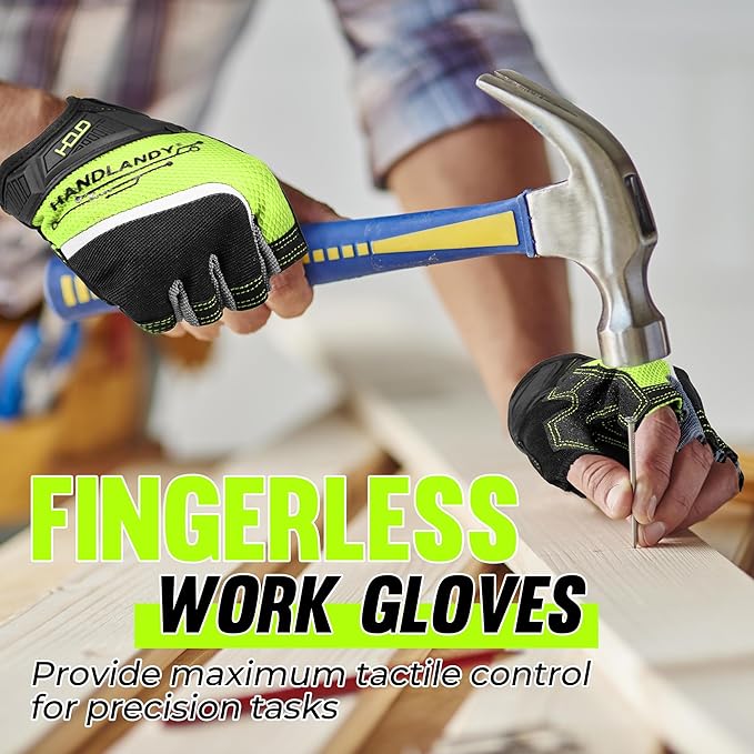 HANDLANDY Fingerless Work Gloves for Men and Women Utility Padded Half Finger Driving Working Gloves (XL, Green)