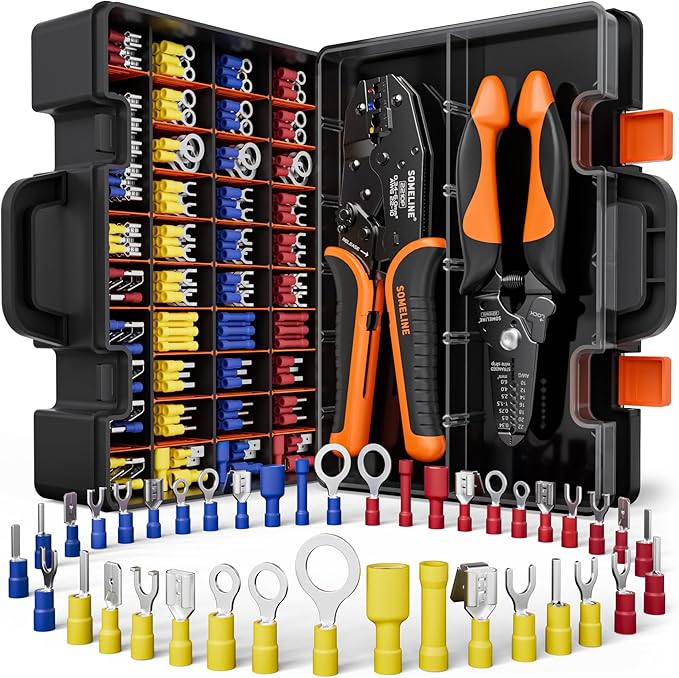 SOMELINE Wire Terminals Crimping Tool, with 45 Sizes Insulated Ratcheting Terminals Crimper Kit of AWG 22-10 Insulated Electrical Butt Bullet Spade Fork Ring Spade Splice Crimp Terminals