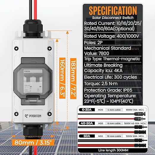 Solar Panel Disconnect Switch 10-60A 400V Solar Disconnect Switch Outdoor PV Isolator Upgraded Cover Visual Design Waterproof Circuit Breaker Box for RV Home Battery Off-Grid(400VDCAC, 60 Amp)