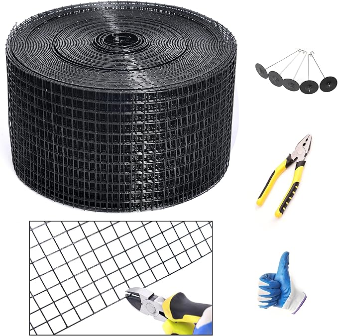 YESON Solar Panel Guard, 6in X 100ft PVC Coated Critter Guard Roll Kit for Solar Panel Wire Screen, Black Pigeon Barrier Netting with 120 Fastener Clips, Cutting Scissor, Gloves