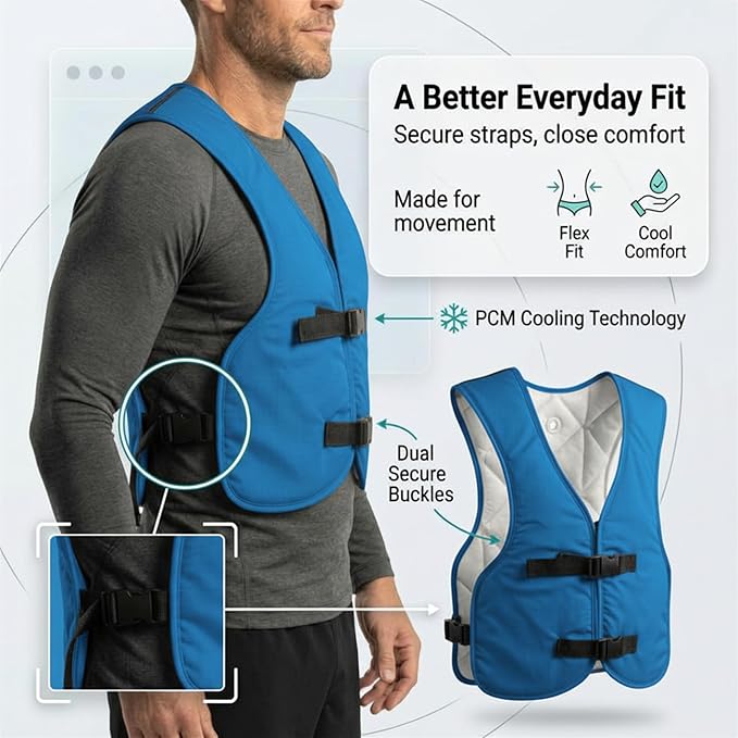 PCM Ice Vest for Men and Women - Adjustable Cooling Vest - Freezes in 30 Min - Special Phase Change Material (PCM) that Freezes Anywhere under 64Deg (Blue)