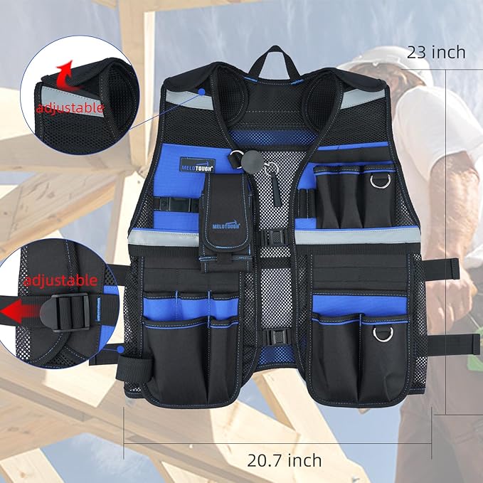 MELOTOUGH Tool Vest for Men Reflective Safety Tool Vest with Adjustable Straps, Removable Phone Holder for Electrical, Carpenters, Construction, Handyman (Blue)