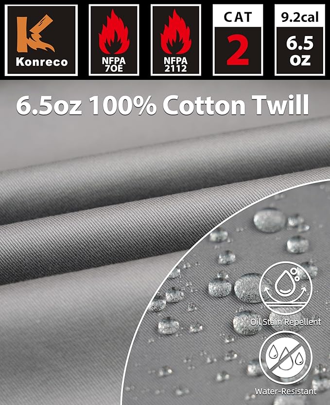 KONRECO FR Shirts for Men 6.5oz Lightweight Work Uniform Flame Resistant Welding Shirt/Water & Stain Repellent