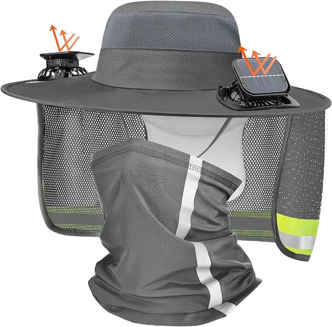 Solar Fan Hat for Men Women Sun Wide Brim Fishing Hat with Dual Power Ice Silk Neck Cover Reflective Design