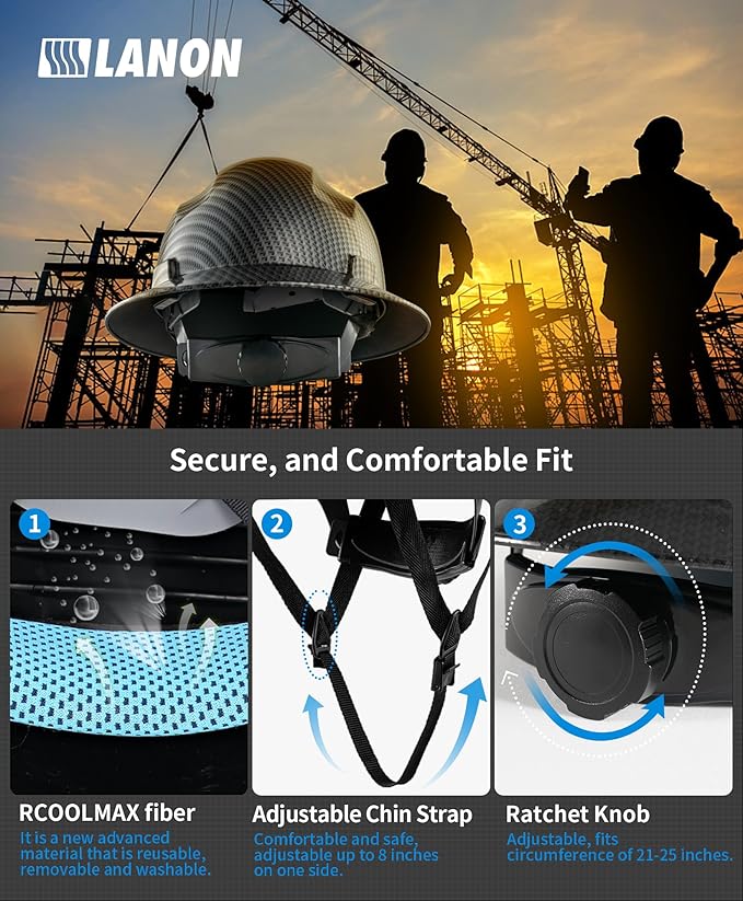 LANON Full Brim Hard Hat, OSHA Construction Work Approved, Premium Charcoal Gray Design, FRP Safety Helmet with 4 Point Adjustable Ratchet Suspension, Class C