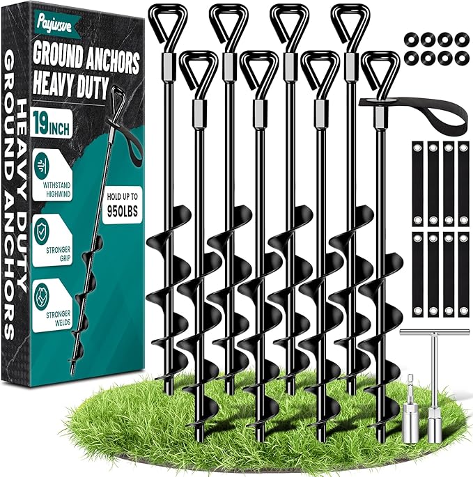 19-Inch Ground Anchors Heavy Duty, Trampoline Stakes Anchors Screw-in for High Wind, Earth Anchor with Strong Straps for Swing Sets, Trampolines, Mobile Home, Sheds, Carports(8x19in)