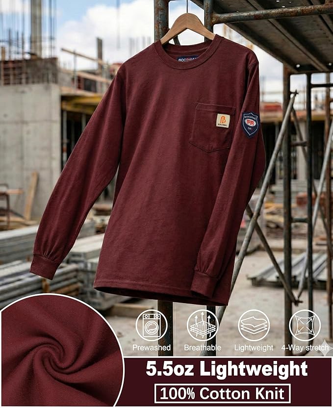 BOCOMAL FR Shirts Lightweight Classic Crew Long Sleeve Fire Resistant Shirt CAT2