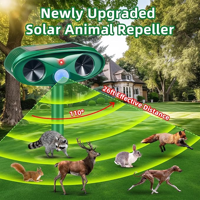 2026 Upgraded Solar Ultrasonic Animal Repellent Outdoor Deer Repellent Devices Motion Detection for Raccoon Squirrel Rabbit Dog Cat Deterrent Keep Chipmunk Rodent Away from Yard Lawn,4Pack