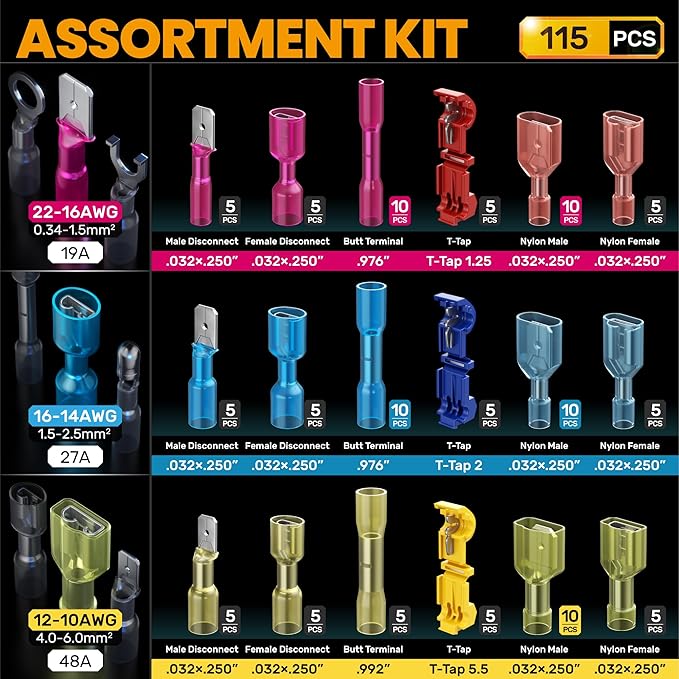 SOMELINE Heat Shrink Connector Crimp Tool Kit, 22-10 AWG Ratchet Crimping Pliers, with 18 Size Marine Grade Heat Shrink Disconnect Terminals and Nylon Disconnect Terminals, Wire Crimping Tool