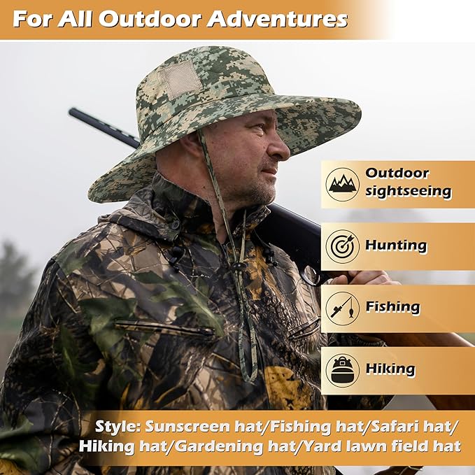 Men Safari Sun Hat Wide Brim Boonie Fishing Cap with Adjustable Drawstring