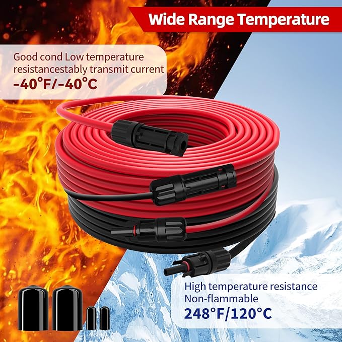 Solar Extension Cable 10AWG 6mm² 30FT PV Wire 10Gauge Adaptor Panels Cables with Female & Male Waterproof Connectors for Outdoors, Marine, RV, Photovoltaic (Black& Red)