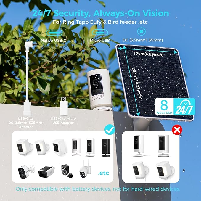 5V 8W Solar Panel for Security Camera, For Bird Feeder, 4G AOV Trail Cam, Ring Tapo Eufy Vicohome Eseecloud, Native USB-C, Micro-USB & DC 3.5mm*1.35mm, 23% Conversion, 9.8 Ft, 180 Days Exchange Policy