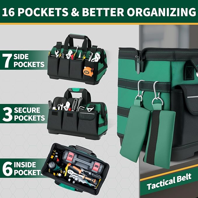 Heavy Duty Tool Bag 18Inch, 18-Pocket Molded Bottom Toolbox Organizer Portable Waterproof, Upgraded Handle Tool Bag for Mechanics, DIY, Valentines Day Gifts for Him Dad Men
