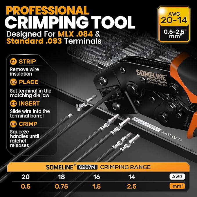 SOMELINE 2-in-1 Connector Crimping Tool Kit, Fits Molex Standard .093" (2.36mm) & MLX .084" (2.13mm), Pin & Socket Housing Assortment, 20-14 AWG Terminals for Appliance, HVAC & Arcade Repair