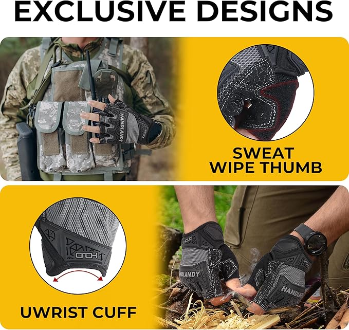 HANDLANDY Fingerless Work Gloves for Mens & Women, Uwrist Half Finger Shock-Absorbing Breathable Glove