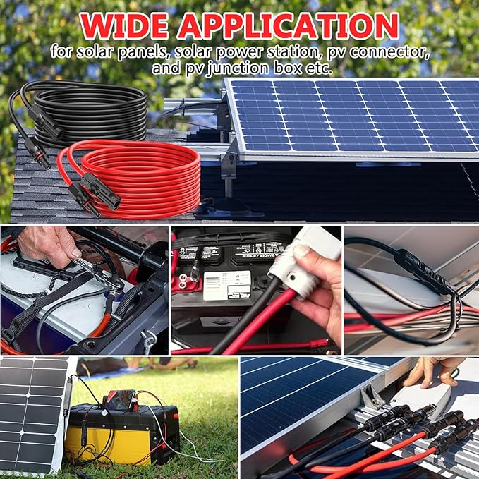 2x20 Feet Solar Panel Extension Cable, 12AWG Solar Cable, Solar Panel Cable with Female and Male Waterproof Connectors for RV, Photovoltaic Systems (20FT Red + 20FT Black)