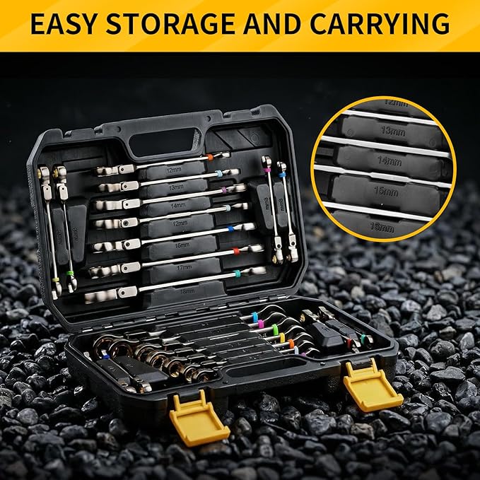 23PCS Flex-Head Ratcheting Wrench Set, Combination Ratchet Wrenches Set Metric and Standard & SAE with Organizer Box, 6-18mm & 1/4" to 3/4" with Color Ring, Nickel Plating Socket Mechanic Tool