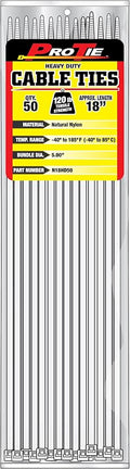 Pro Tie Heavy Duty Cable Ties, Self-Locking Nylon Cable Wire Ties for Indoor and Outdoor Use | 18-Inch, 120 lbs. Tensile Strength, Natural Nylon, 50-Pack (PN: N18HD50)