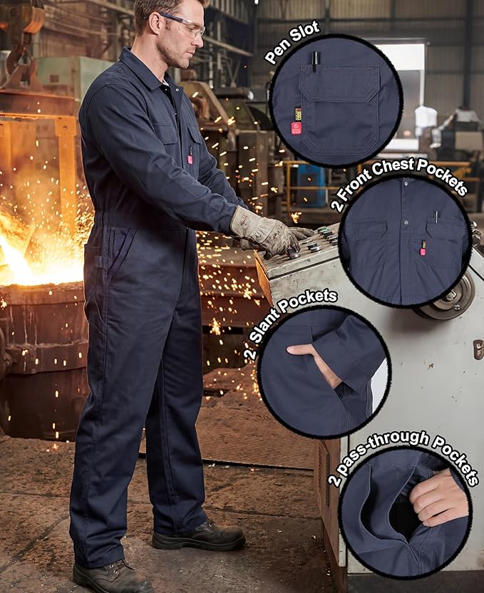 BOCOMAL FR Coveralls Men 7.5oz Cotton Twill Flame Resistant Fire Retardant Work Coverall NFPA 2112 HRC2