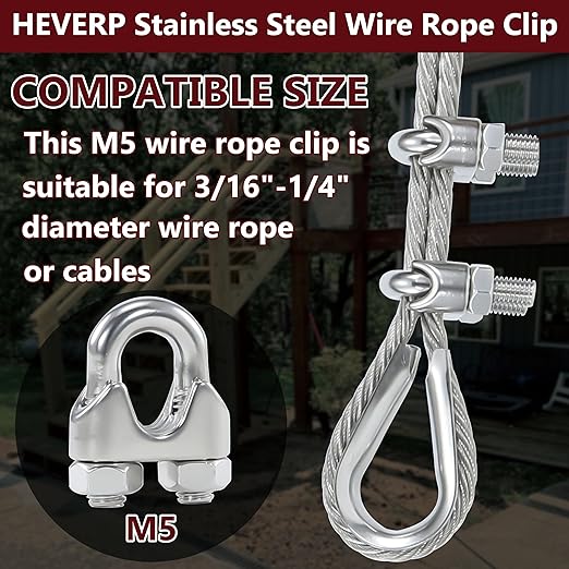 12PCS 3/16 to 1/4 Inches M5 Stainless Steel Wire Rope Clips Cable Clamp,6PCS Thimbles