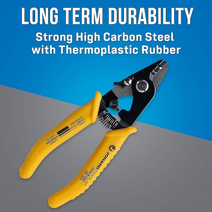 Jonard Tools JIC-375 Three Hole Fiber Optic Stripper – Strips 1.6-3.0mm Jacket, 600-900μm Buffer, 250μm Coating, Precision Tool with Angled Jaw and Safety Lock