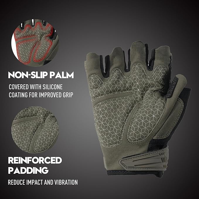 HANDLANDY Tactical Fingerless Impact Gloves for Men, Padded Grip Half Finger Work Gloves, Utility Trucker Driver Gloves (Army Green, X-Large (Pack of 1))