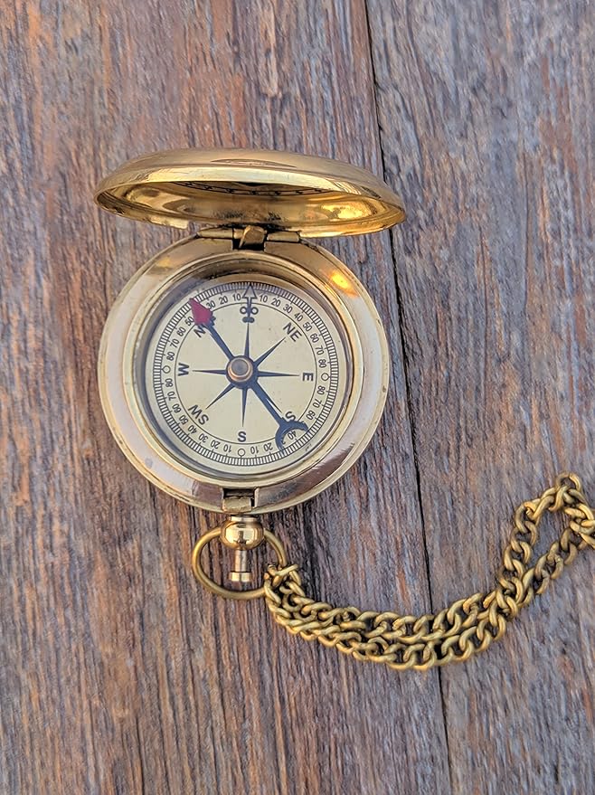 Brass Antique Sundial Compass with Leather Case | Push Button 5 Cm Dia Antique Finish Vantage Compass with Long Chain | Birthday Gift, Baptism Compass