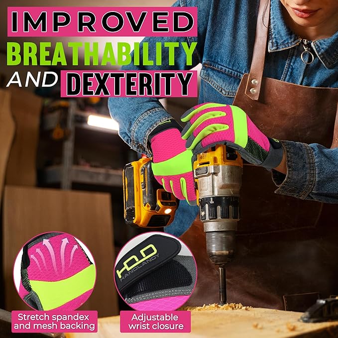 HANDLANDY Work Gloves for Women, Breathable Leather Gardening Glove for Yard Maintenance, Hand Protection with Touch Screen