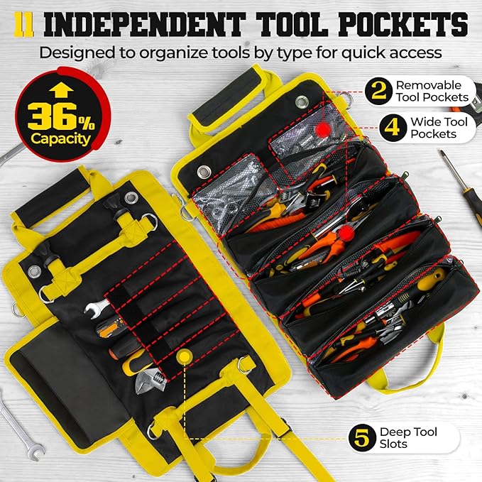 Roll Up Tool Bag, Heavy Duty See-Through Tool Roll Organizer with 2 Detachable Pouches, Portable Mechanic & Motorcycle Tool Bag, Birthday & Father’s Day Gift, Yellow
