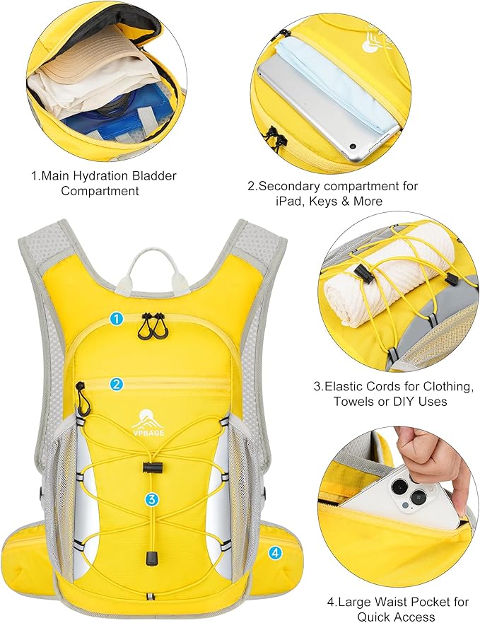 Hydration Backpack with 2L Water Bladder - Lightweight 15L Daypack with Phone-Sized Hip Belt Pockets, Anti-Chafe Cotton Edging & No-Bounce Straps - Small Water Backpack for Hiking, Running, Skiing