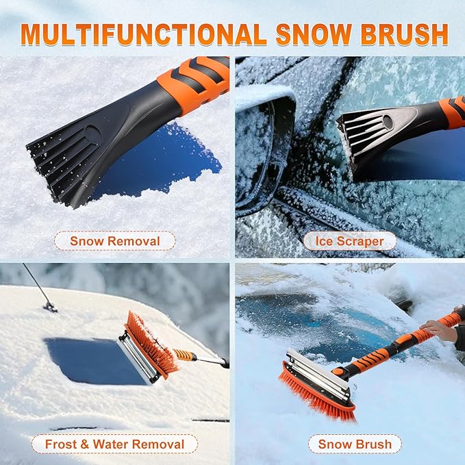 62.4" Foldable Snow Brush and Ice Scrapers for Car Windshield, Adjustable & Extendable Ice Removal Tool with Non-Slip Foam Grip, 180° Pivoting Snow Brush for Car, SUV, Truck