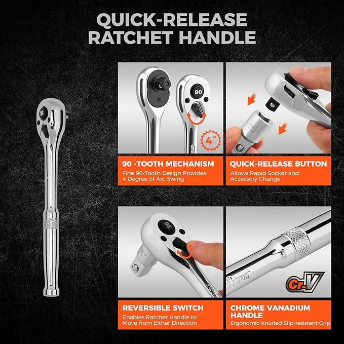 HORUSDY 1/4" Drive 90-Tooth Quick-Release Ratchet Handle with 1/4" to 3/8" Adapter, Reversible Thin Profile Socket Wrench, 4° Swing Arc, Ergonomic Anti-Slip Grip, Ideal for Auto, Bike & Home Repair
