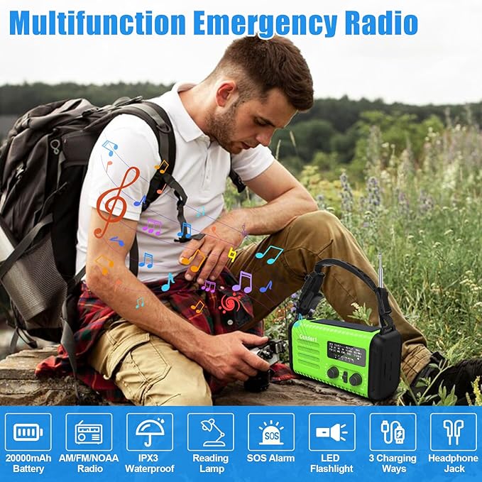 AM FM NOAA Portable Emergency Radio，USB-C/Solar/Hand Crank Charging, Strong Reception & Sound, Large Dial Easy to Use,Alert, Flashlight, Reading Lamp, Cell Phone Charger and SOS Siren