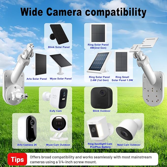 Wall Mount for Cameras and Solar Panels, 2-in-1 Pole Mount Compatible with Ring Stick Up& Spotlight, Blink, Eufy, Arlo, Wyze, Solar Panel and Cam, with 1/4"-20 Screw Hole, Adjustable Angle - White
