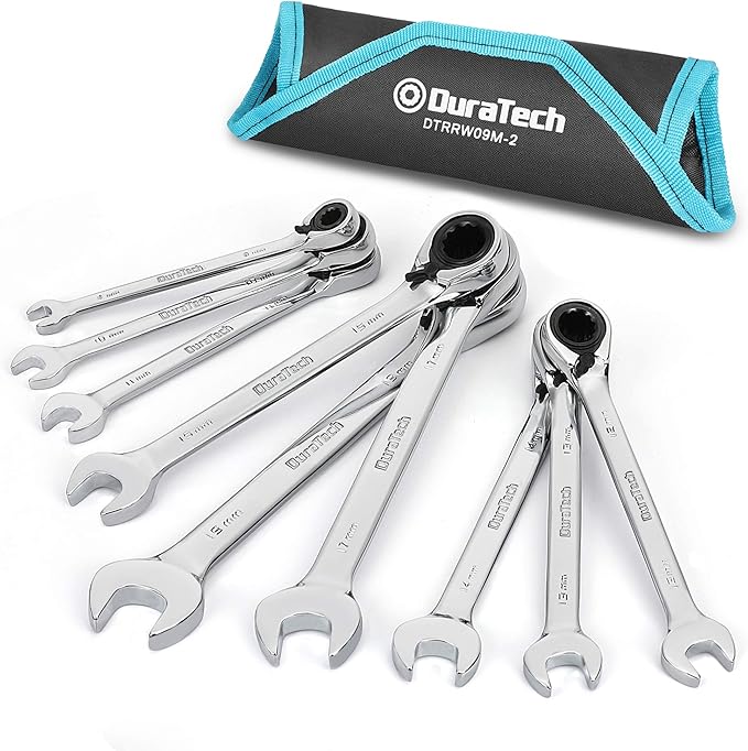 DURATECH Reversible Ratcheting Combination Wrench Set, Metric, 9-Piece, Open end Spanner with Rolling Pouch, 8 mm to 19 mm, 12 Point, CR-V Steel