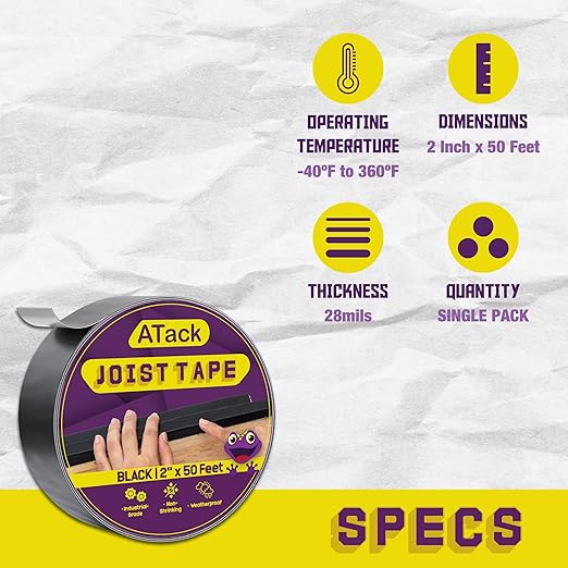 ATack Joist Tape for Decking 2 Inch x 50ft Waterproof, Non-Shrinking Deck Joist Tape 2 Inch - High Tack Butyl Flashing Sealant for Year-Round Protection on Wood, Metal, Composite, Roof Beams