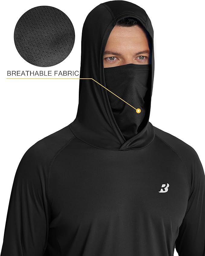 Roadbox Men's UPF 50+ Hooded Fishing Shirts Long Sleeve Sun Protection Hoodie, Hiking Running Swimming Rash Guard with Mask