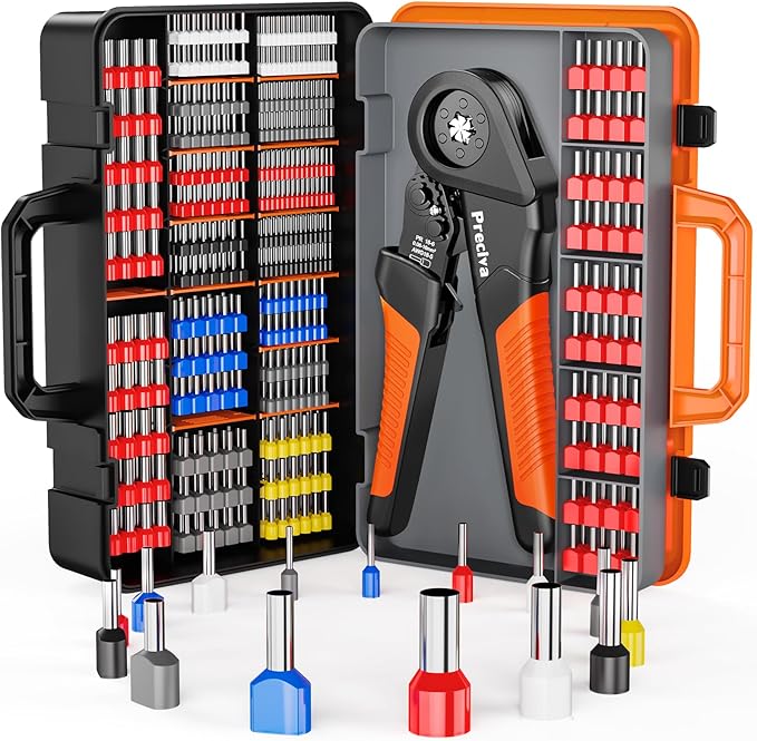 Preciva Ferrule Crimping Tool Kit - AWG 28-5 (0.08-16mm²) Hexagonal Ferrule Crimper with 950Pcs Single and 350Pcs Twin Ferrules Connectors, Self-Adjustable Ratchet Ferrule Terminals Crimping Tool