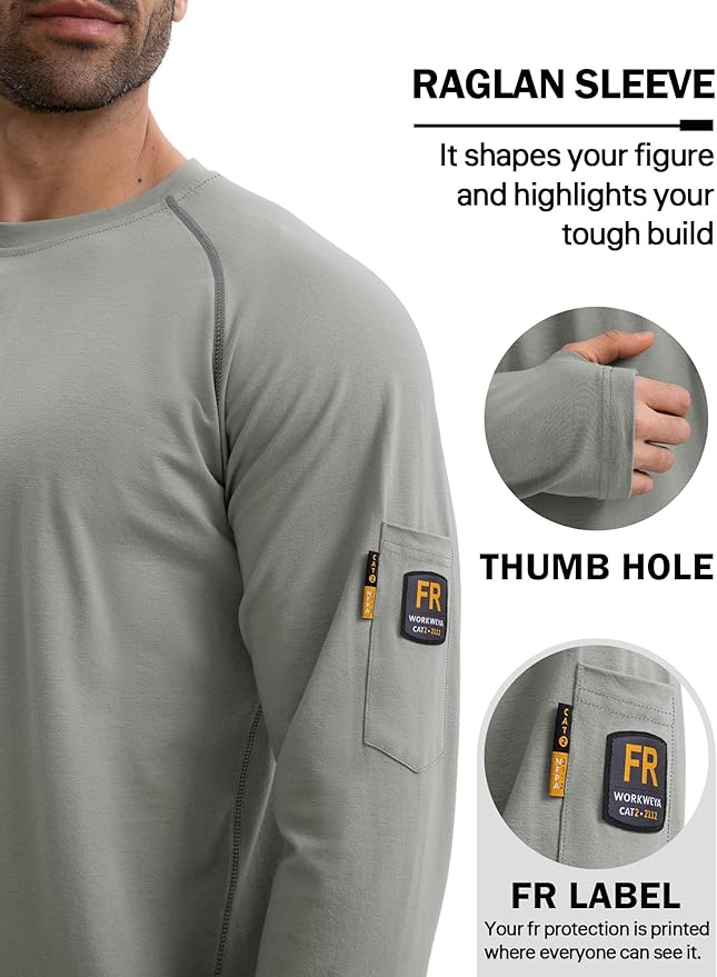 WORKWEYA FR Shirts for Men 6OZ Light Weight Welding Shirts Thumb Hole Stretch Breathable NFPA2112 CAT2 for Summer